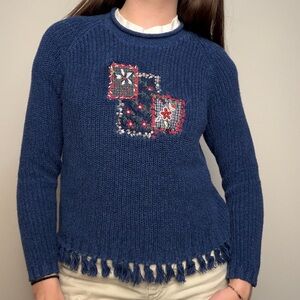 Vintage Grandma ribbed patchwork tassel blue sweater size small Korey City Blues